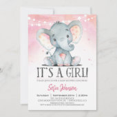 Girl Elephant Baby shower Pink Invitation Kaart (Voorkant)