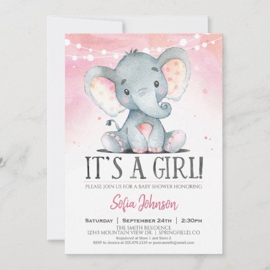 Girl Elephant Baby shower Pink Invitation Kaart (Voorkant)