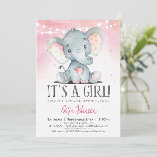 Girl Elephant Baby shower Pink Invitation Kaart (Staand voorkant)