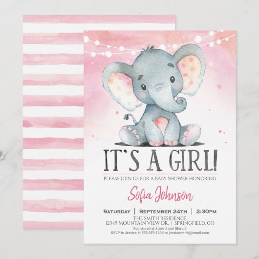 Girl Elephant Baby shower Pink Invitation Kaart (Voorkant / Achterkant)
