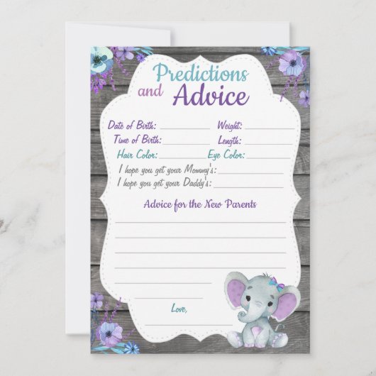 Girl Elephant Baby shower Predication Advice card Kaart (Voorkant)