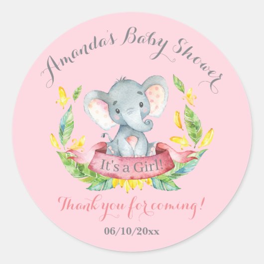 Girl Elephant Baby shower Roze Hartelijk dank Ronde Sticker (Voorkant)