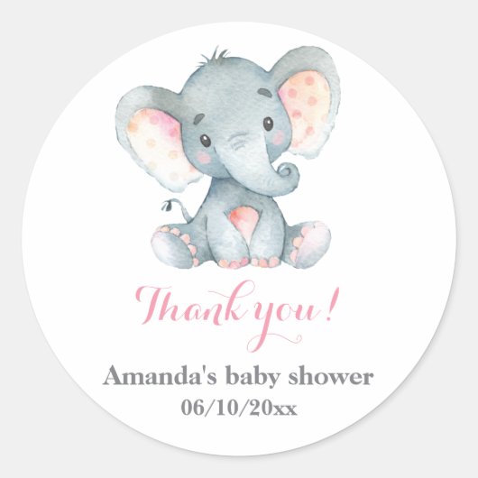 Girl Elephant Baby shower Roze Hartelijk dank Ronde Sticker (Voorkant)