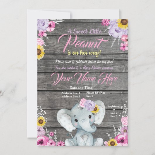 Girl Elephant Baby shower, roze paars geel Kaart (Voorkant)
