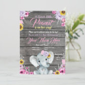 Girl Elephant Baby shower, roze paars geel Kaart (Staand voorkant)