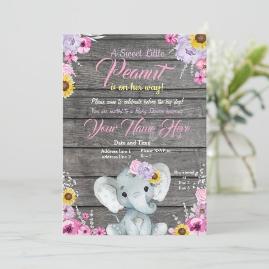 Girl Elephant Baby shower, roze paars geel Kaart (Staand voorkant)