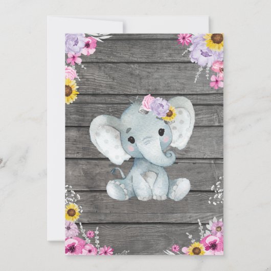 Girl Elephant Baby shower, roze paars geel Kaart (Achterkant)