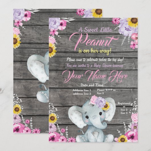 Girl Elephant Baby shower, roze paars geel Kaart (Voorkant / Achterkant)