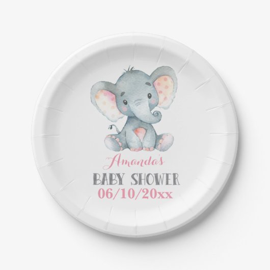 Girl Elephant Baby shower Roze Papieren Bordje (Voorkant)