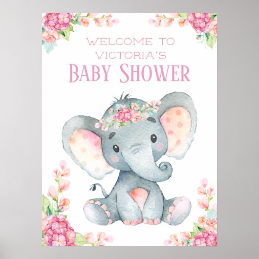 Girl Elephant Baby shower Welcome Table Sign Poster (Voorkant)