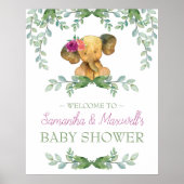 Girl Elephant Baby shower Welkom Sign Roze Groen Poster (Voorkant)