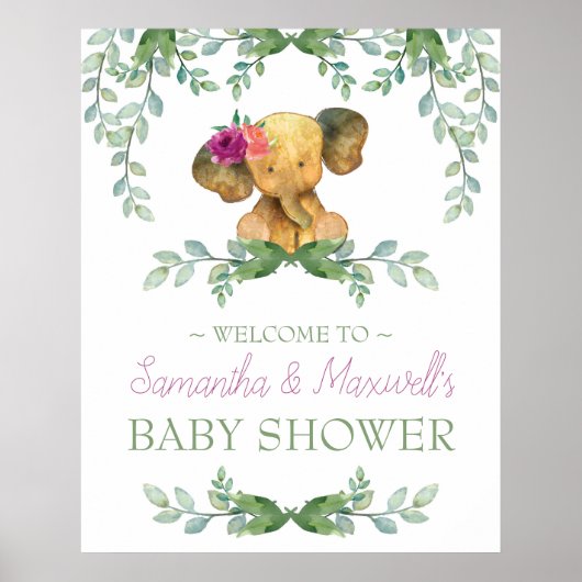 Girl Elephant Baby shower Welkom Sign Roze Groen Poster (Voorkant)