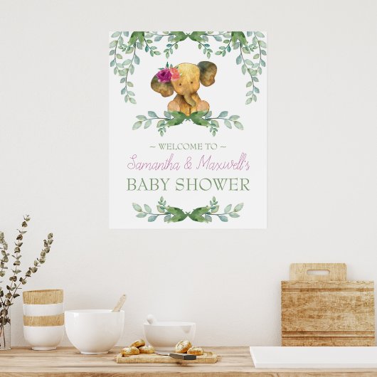 Girl Elephant Baby shower Welkom Sign Roze Groen Poster (Keuken)