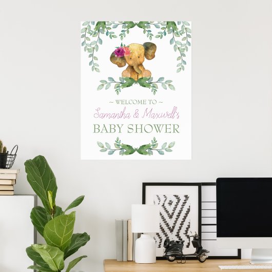 Girl Elephant Baby shower Welkom Sign Roze Groen Poster (Thuiskantoor)