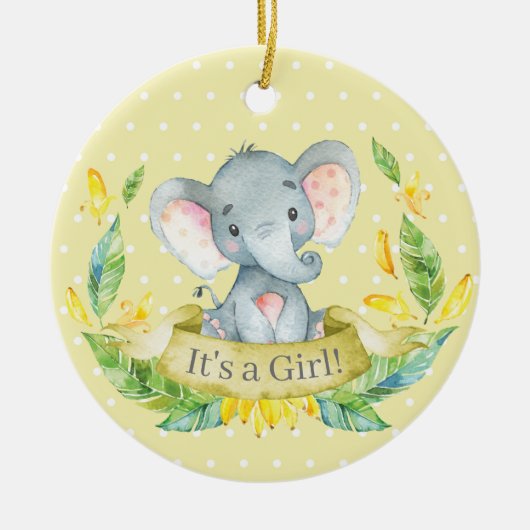 Girl Elephant Baby shower Yellow Keramisch Ornament (Voorkant)