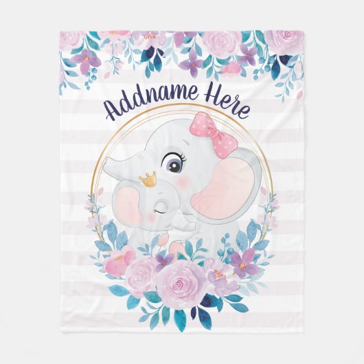 Girl Elephant Blankets Pink Floral Name Fleece Deken (Voorkant)