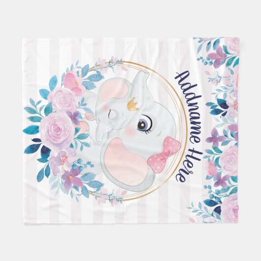 Girl Elephant Blankets Pink Floral Name Fleece Deken (Voorkant (Horizontaal))