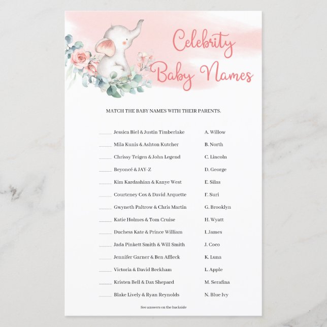 Girl Elephant Eucalyptus Celebrity Baby Names game (Voorkant)