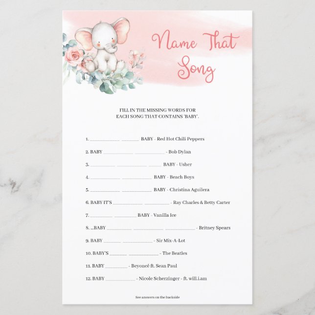 Girl Elephant Eucalyptus Name that Song Game (Voorkant)