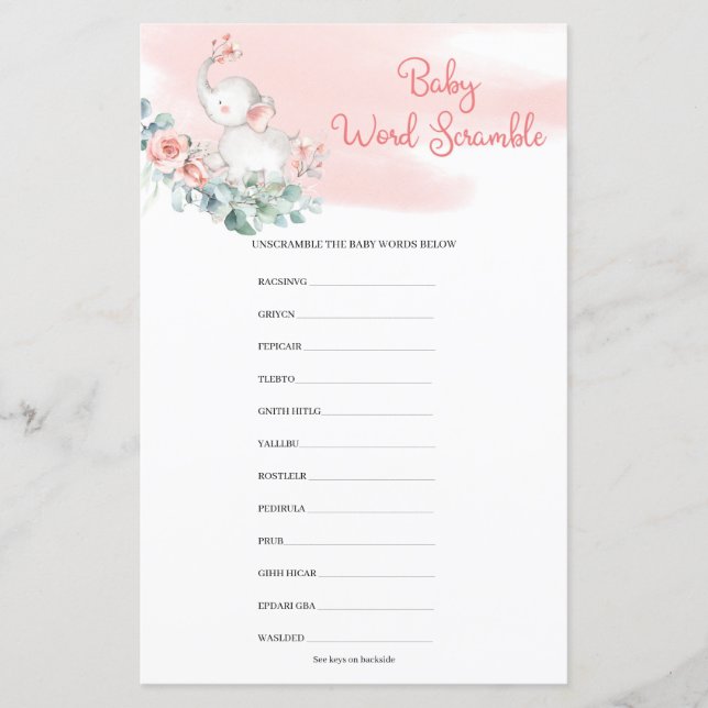 Girl Elephant Eucalyptus Wreath Baby Word Scramble (Voorkant)