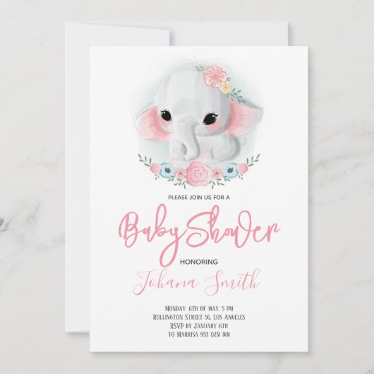 Girl Elephant Floral Baby shower Invitation Kaart (Voorkant)