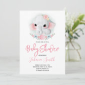 Girl Elephant Floral Baby shower Invitation Kaart (Staand voorkant)