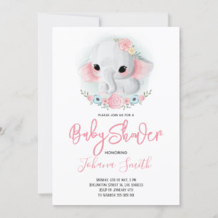 Girl Elephant Floral Baby shower Invitation Kaart