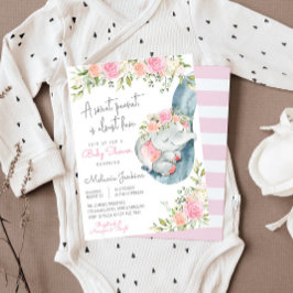 Girl Elephant Floral Baby shower Kaart