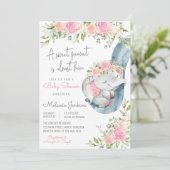 Girl Elephant Floral Baby shower Kaart (Staand voorkant)