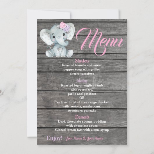 Girl Elephant Menu-kaart voor verjaardag van Baby  Kaart (Voorkant)