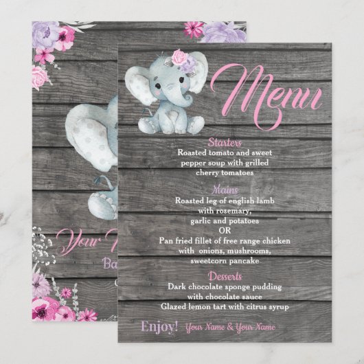 Girl Elephant Menu-kaart voor verjaardag van Baby  Kaart (Voorkant / Achterkant)