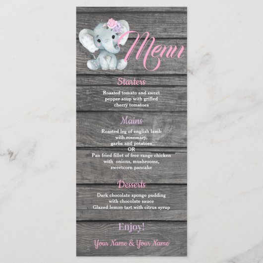 Girl Elephant Menu-kaart voor verjaardag van Baby  Menu (Voorkant)