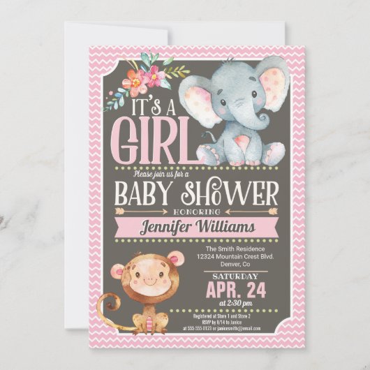 Girl Elephant & Monkey Baby shower Uitnodiging (Voorkant)