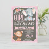 Girl Elephant & Monkey Baby shower Uitnodiging (Staand voorkant)