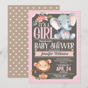 Girl Elephant & Monkey Baby shower Uitnodiging