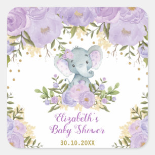 Girl Elephant Paars Gold Flower Baby shower Vierkante Sticker