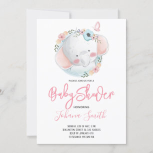 Girl Elephant Pink Baby shower Invitation Kaart