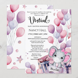Girl Elephant Pink-ballonnen Virtueel Baby shower Kaart