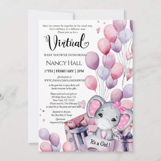 Girl Elephant Pink-ballonnen Virtueel Baby shower Kaart (Voorkant)