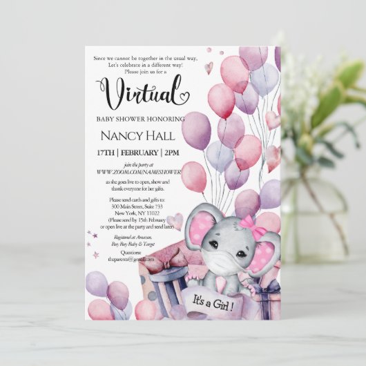 Girl Elephant Pink-ballonnen Virtueel Baby shower Kaart (Staand voorkant)