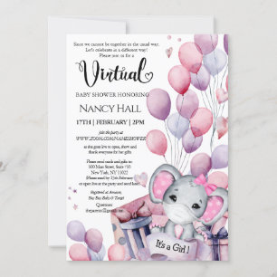 Girl Elephant Pink-ballonnen Virtueel Baby shower Kaart