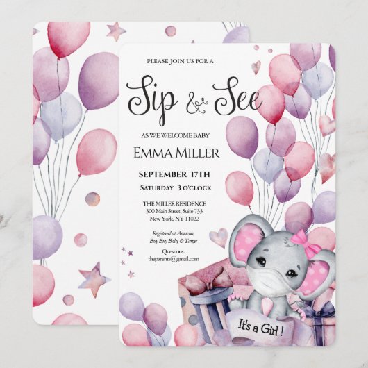 Girl Elephant Pink Balloons Baby Kaart (Voorkant / Achterkant)
