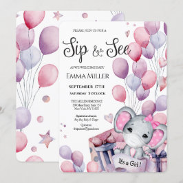 Girl Elephant Pink Balloons Baby Kaart