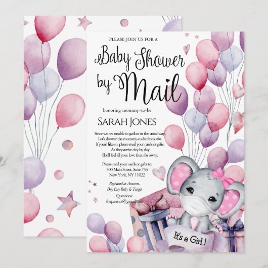 Girl Elephant Pink Balloons Baby shower per post Kaart (Voorkant / Achterkant)