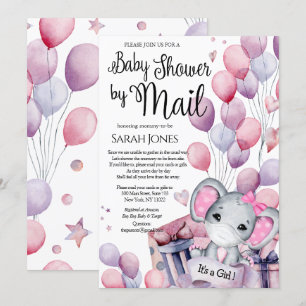 Girl Elephant Pink Balloons Baby shower per post Kaart