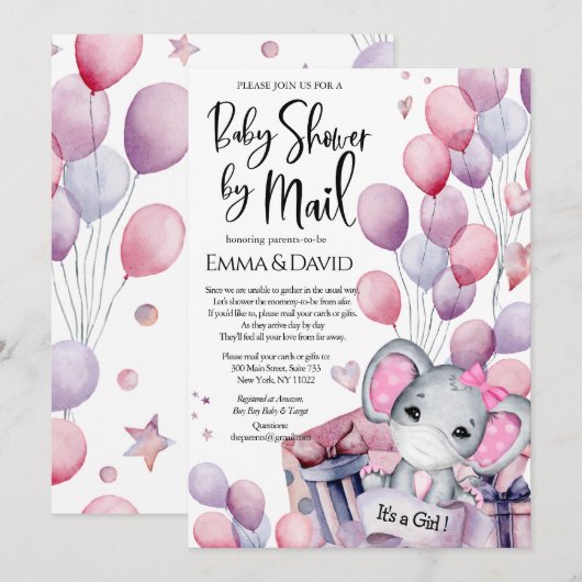 Girl Elephant Pink Balloons Baby shower per post Kaart (Voorkant / Achterkant)