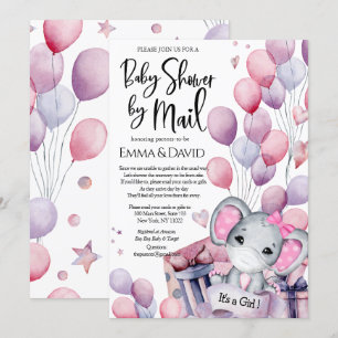 Girl Elephant Pink Balloons Baby shower per post Kaart
