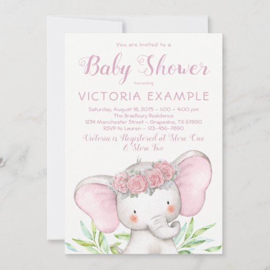 Girl Elephant Pink Rose Waterverf Baby shower Kaart (Voorkant)