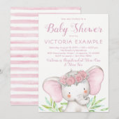 Girl Elephant Pink Rose Waterverf Baby shower Kaart (Voorkant / Achterkant)