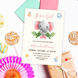 Girl Elephant Pink Waterverf Baby shower Kaart